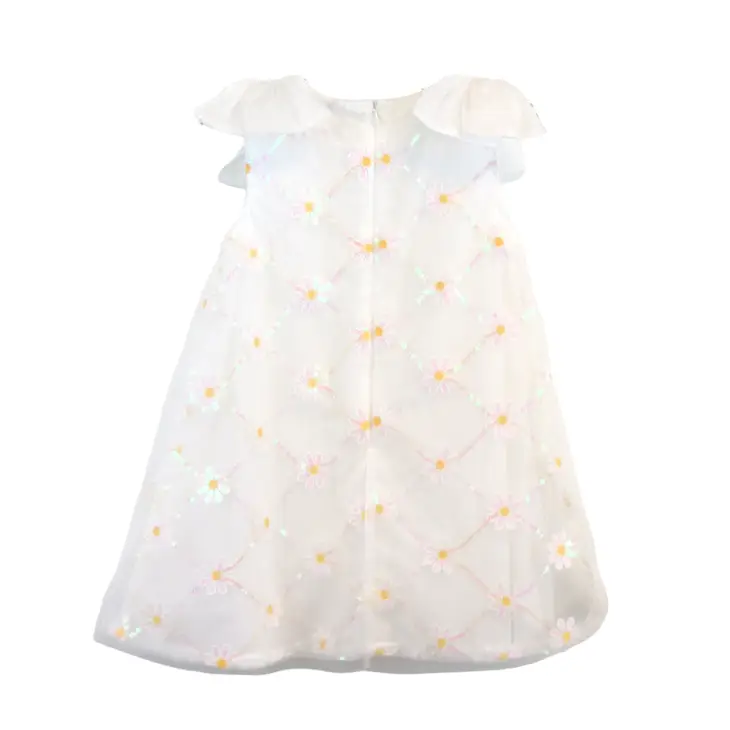 Girls White Sequin Floral Mesh Dress
