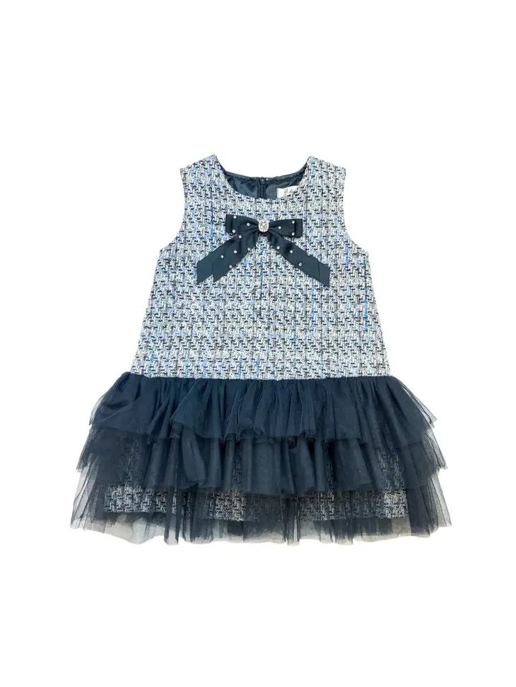 Bow Brooch Tweed Dress w/Tulle Hemline