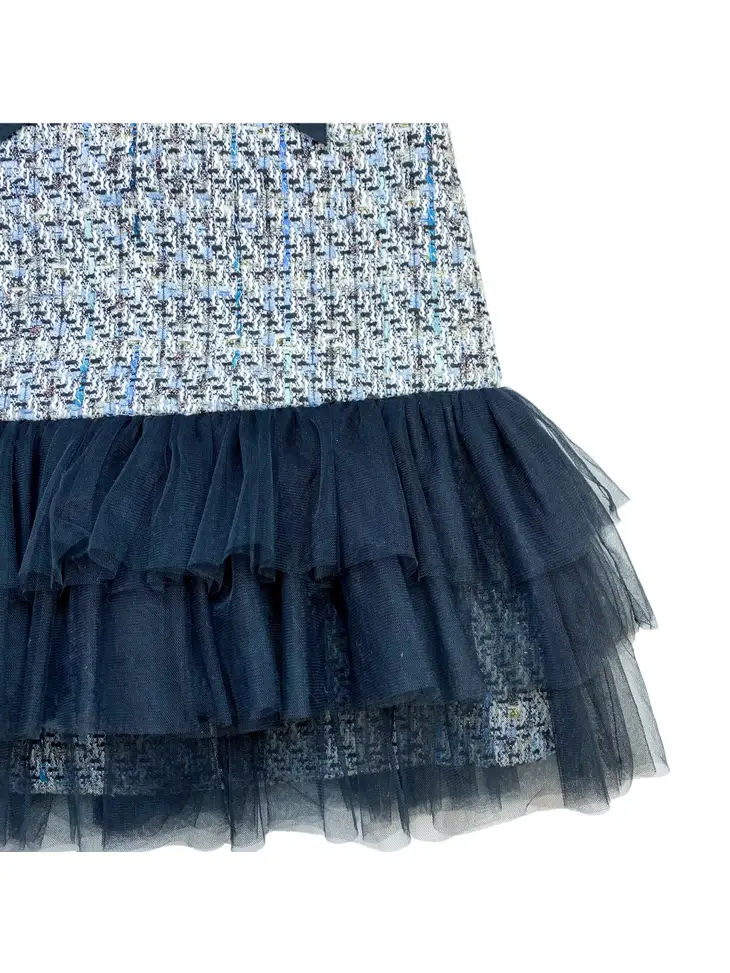 Bow Brooch Tweed Dress w/Tulle Hemline