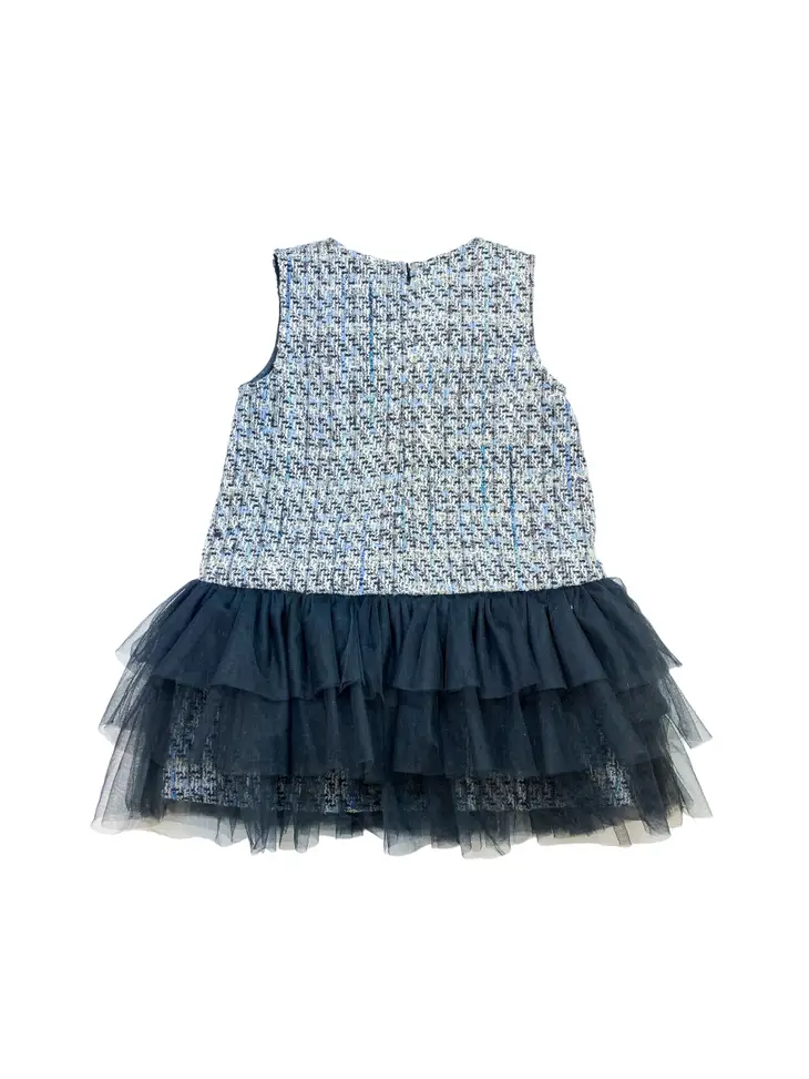 Bow Brooch Tweed Dress w/Tulle Hemline