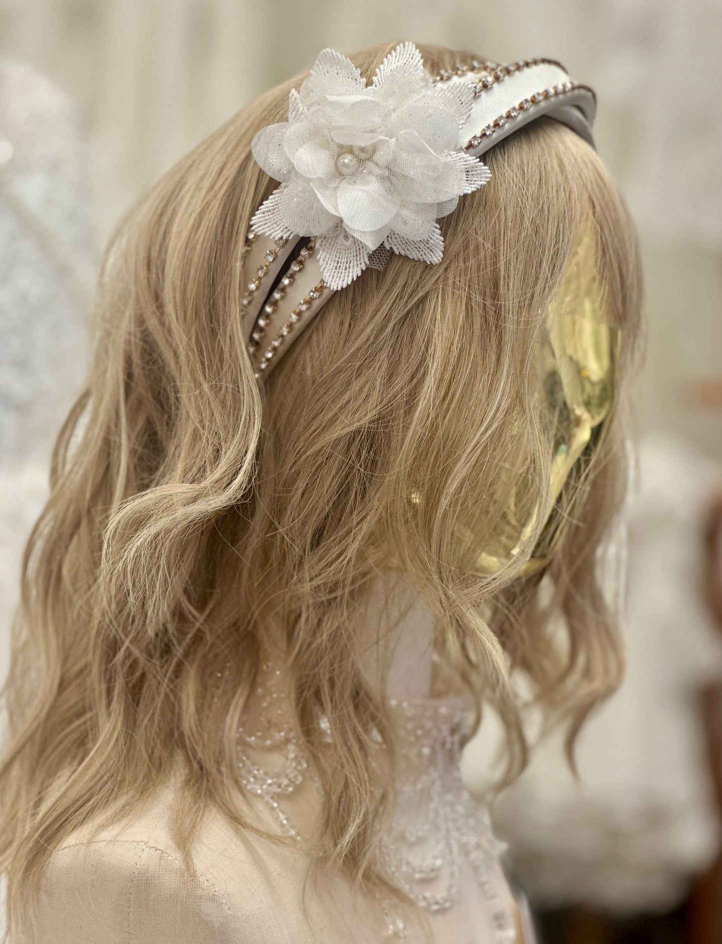 Satin Rhinestone Headband w/Flower