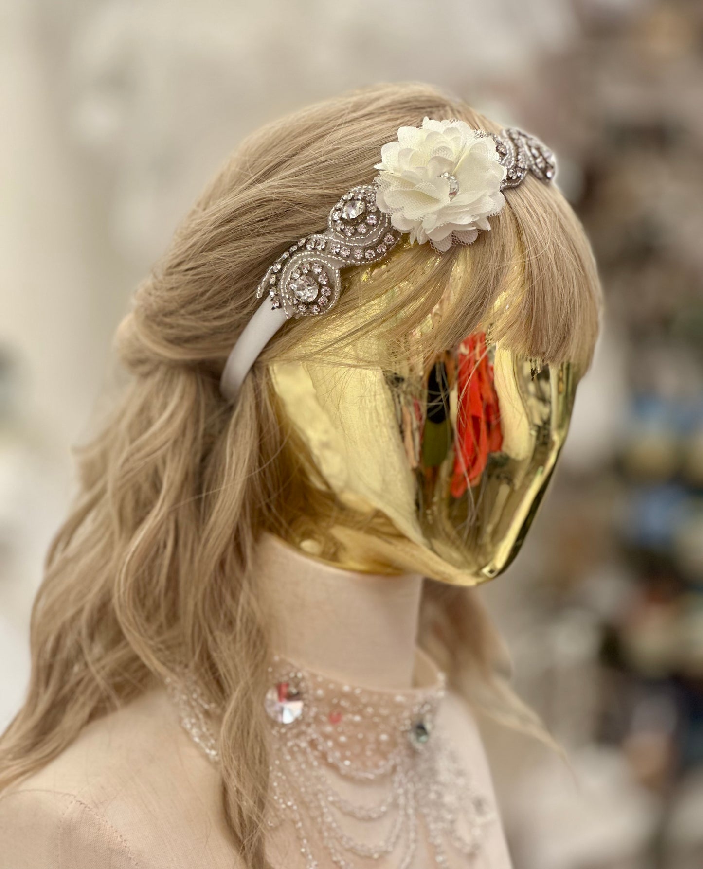 Satin Headband w/Ivory Flower