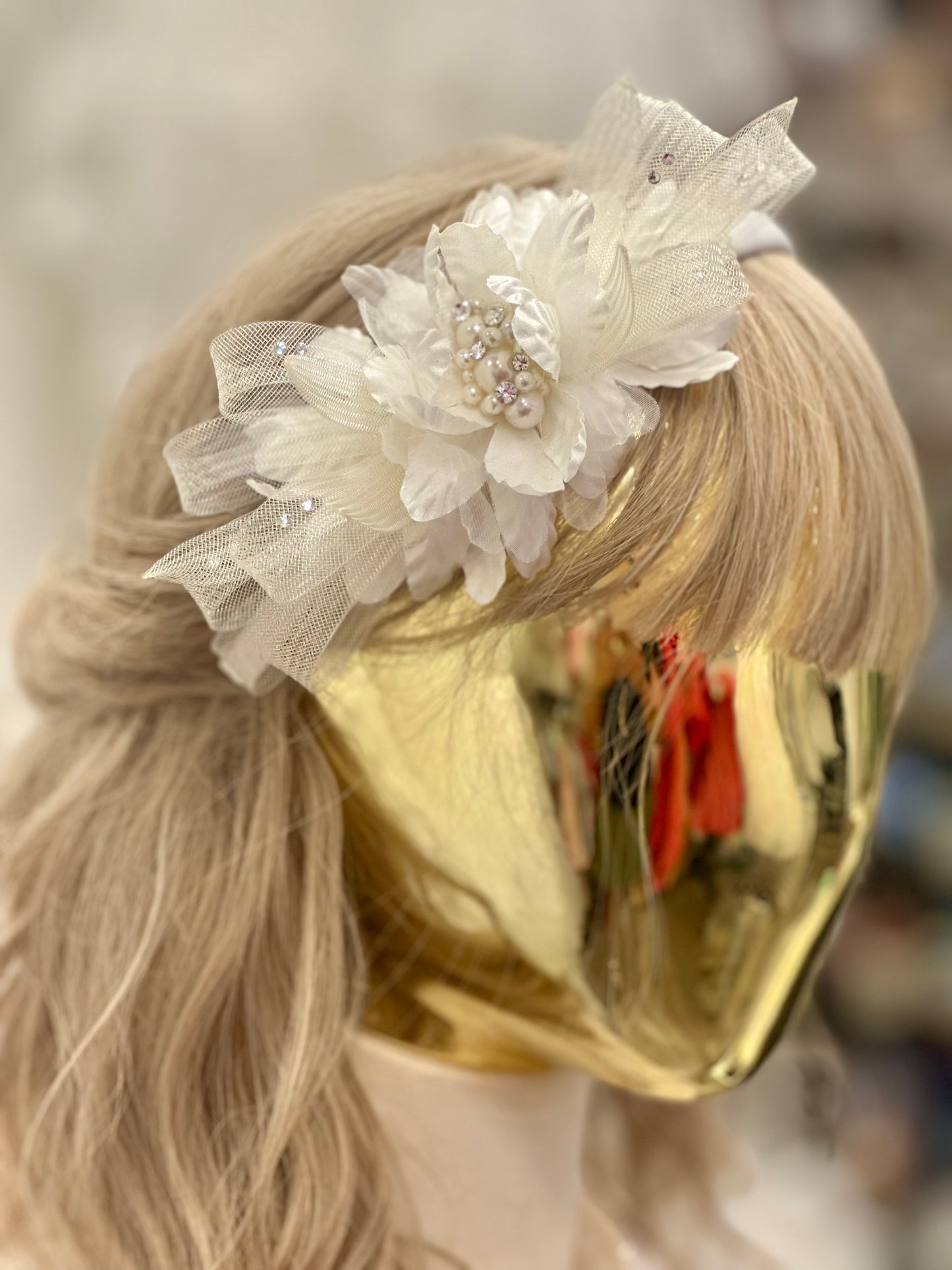 Satin flower with pearls & rhinestones Headband
