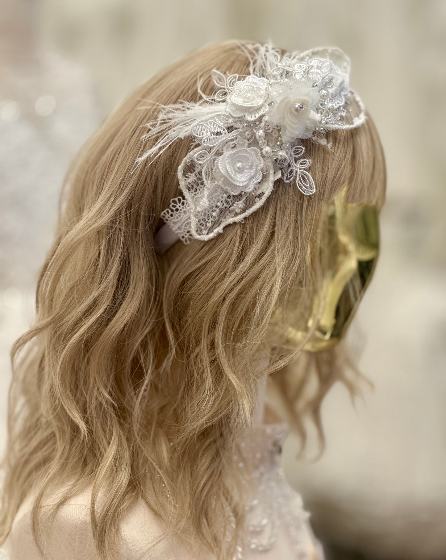Satin Headband w/Flowers/Feathers