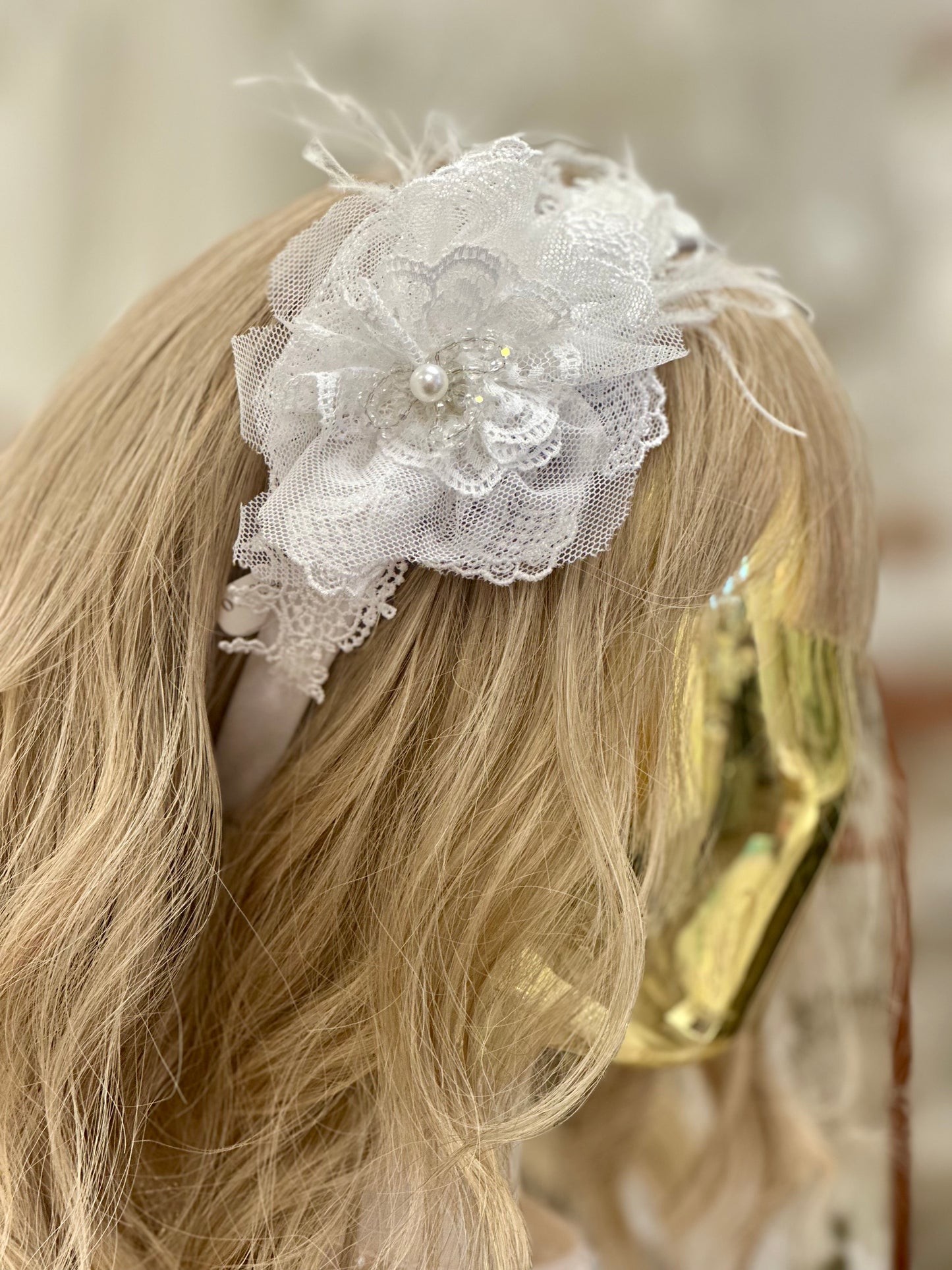 Satin Headband w/Lace & Flowers