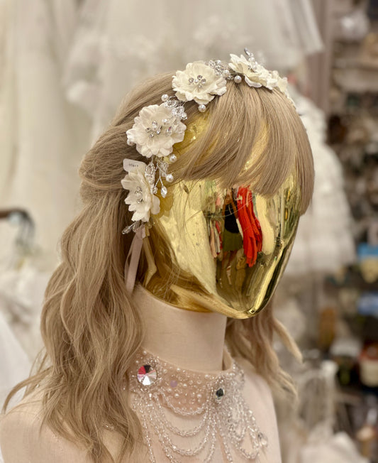 Silk Flower Headband with Rhinestones and Pearls