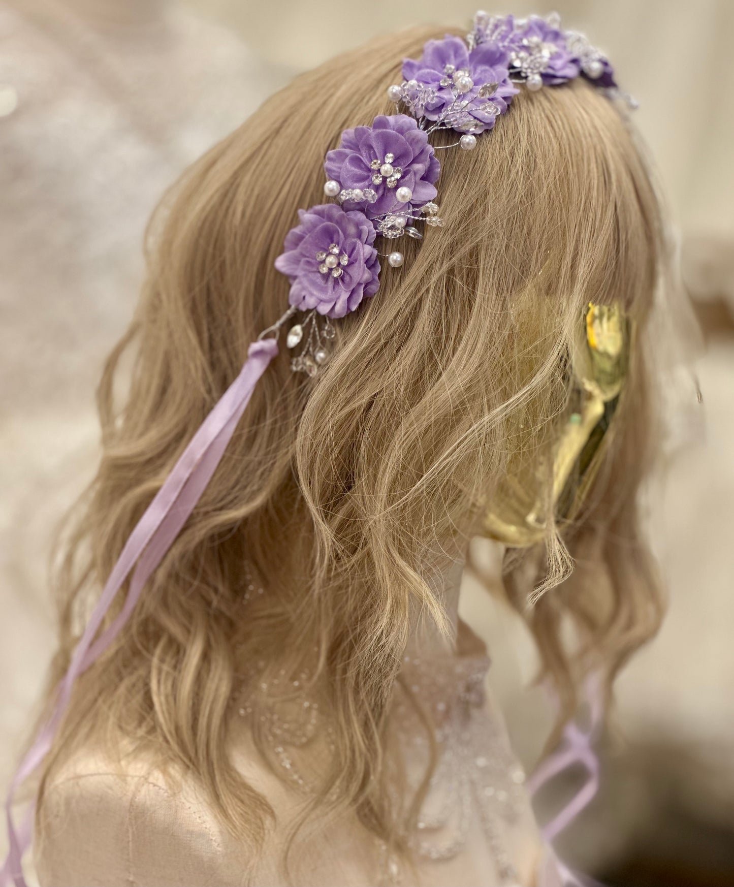 Silk Flower Headband with Rhinestones and Pearls