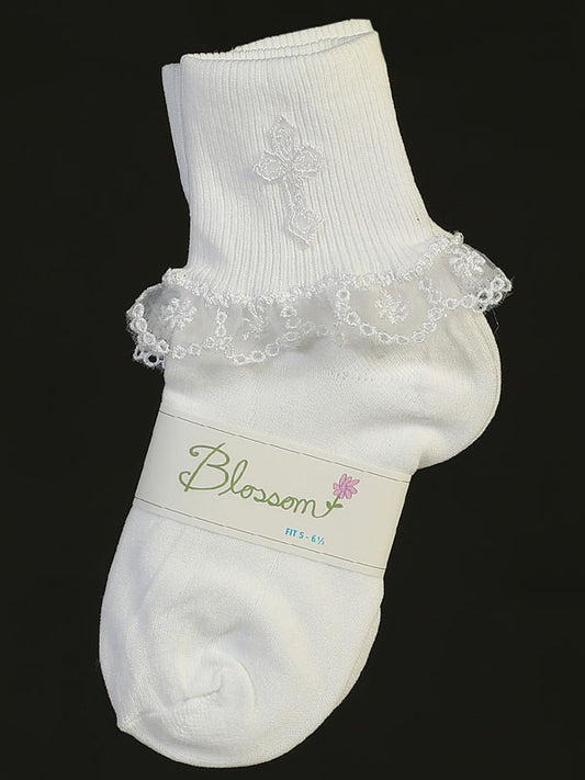 Girl's christening socks with embroidered cross and lace trim
