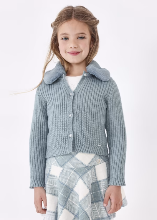 Mayoral Plaid Skirt,Top,Faux Fur Collar Cardigan