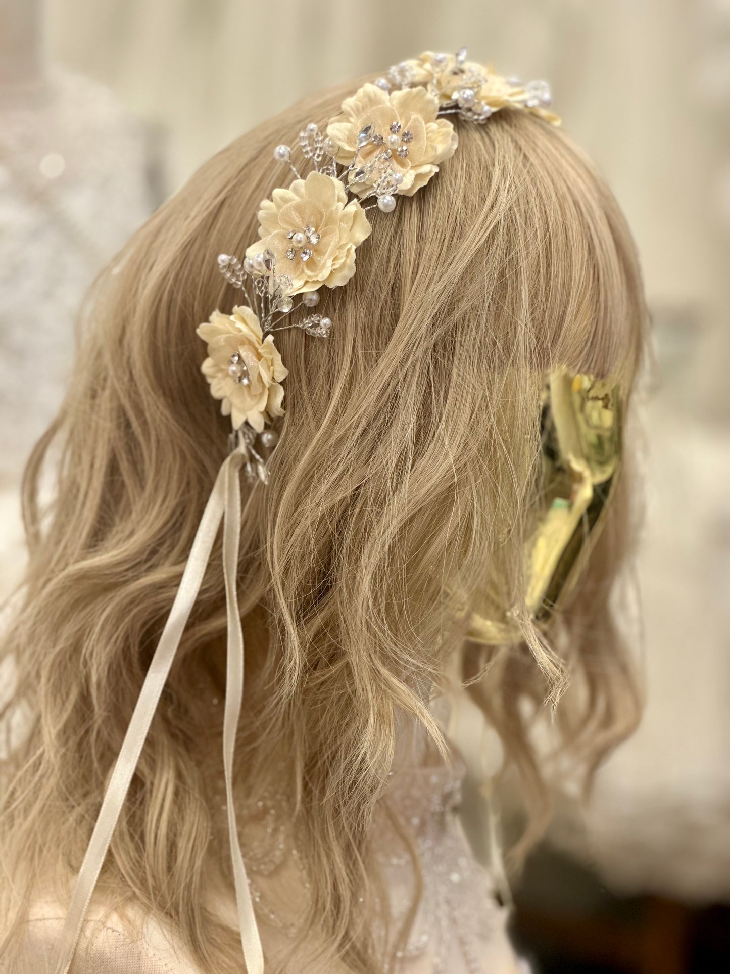 Silk Flower Headband with Rhinestones and Pearls