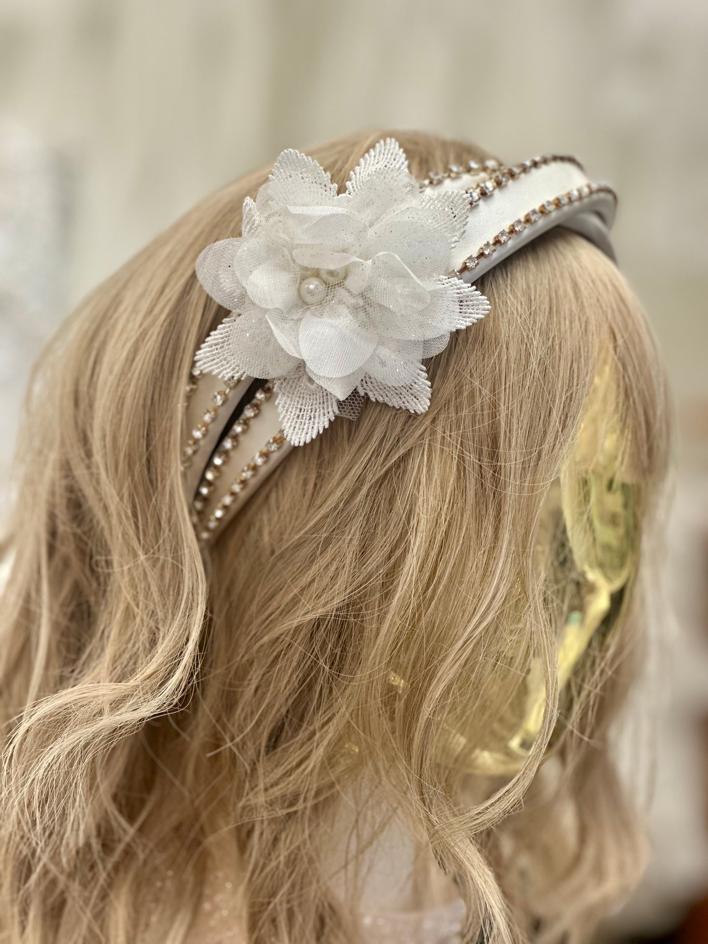 Satin Rhinestone Headband w/Flower