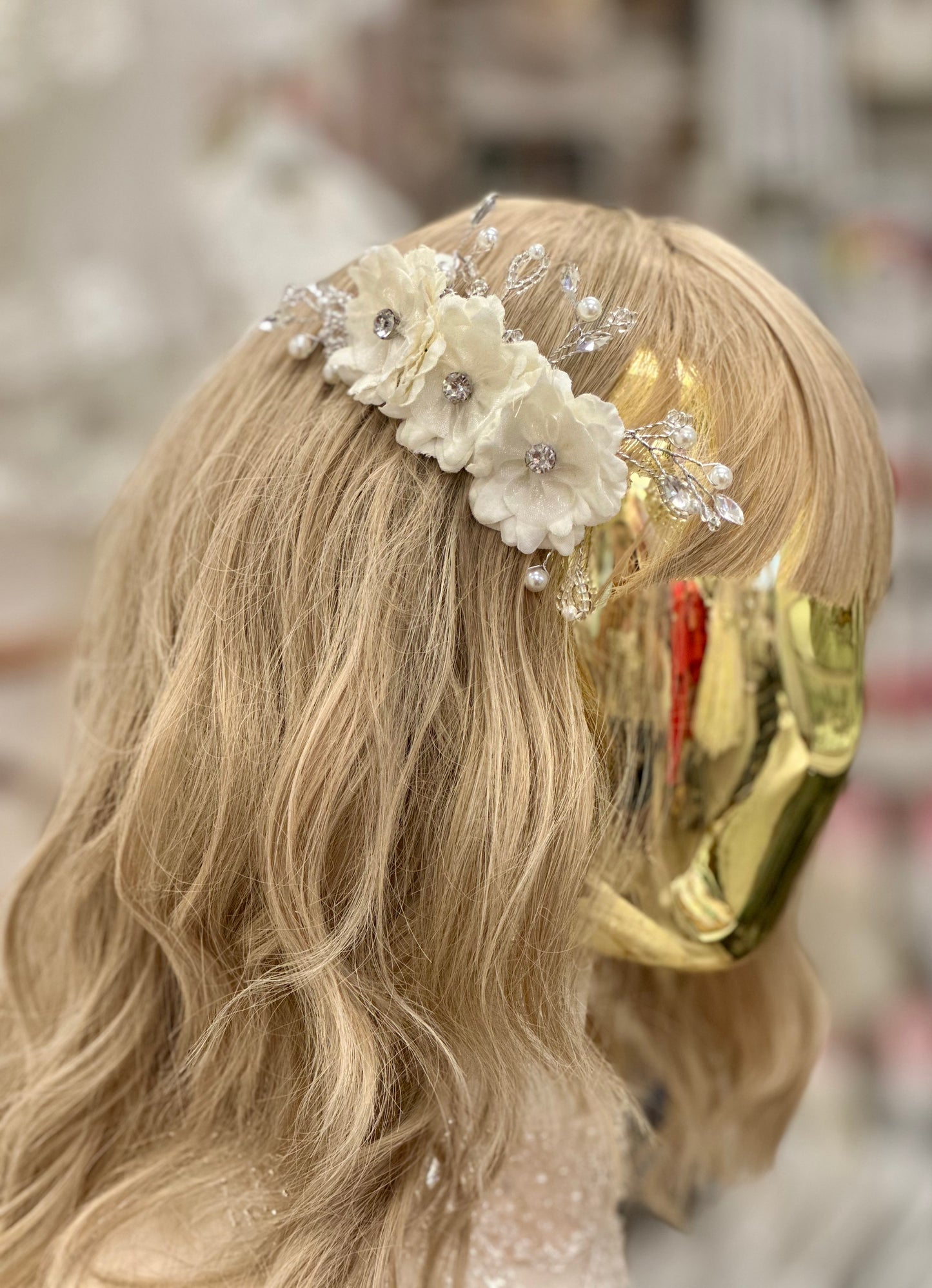 Three Flower Hair Comb with Beading and Rhinestones