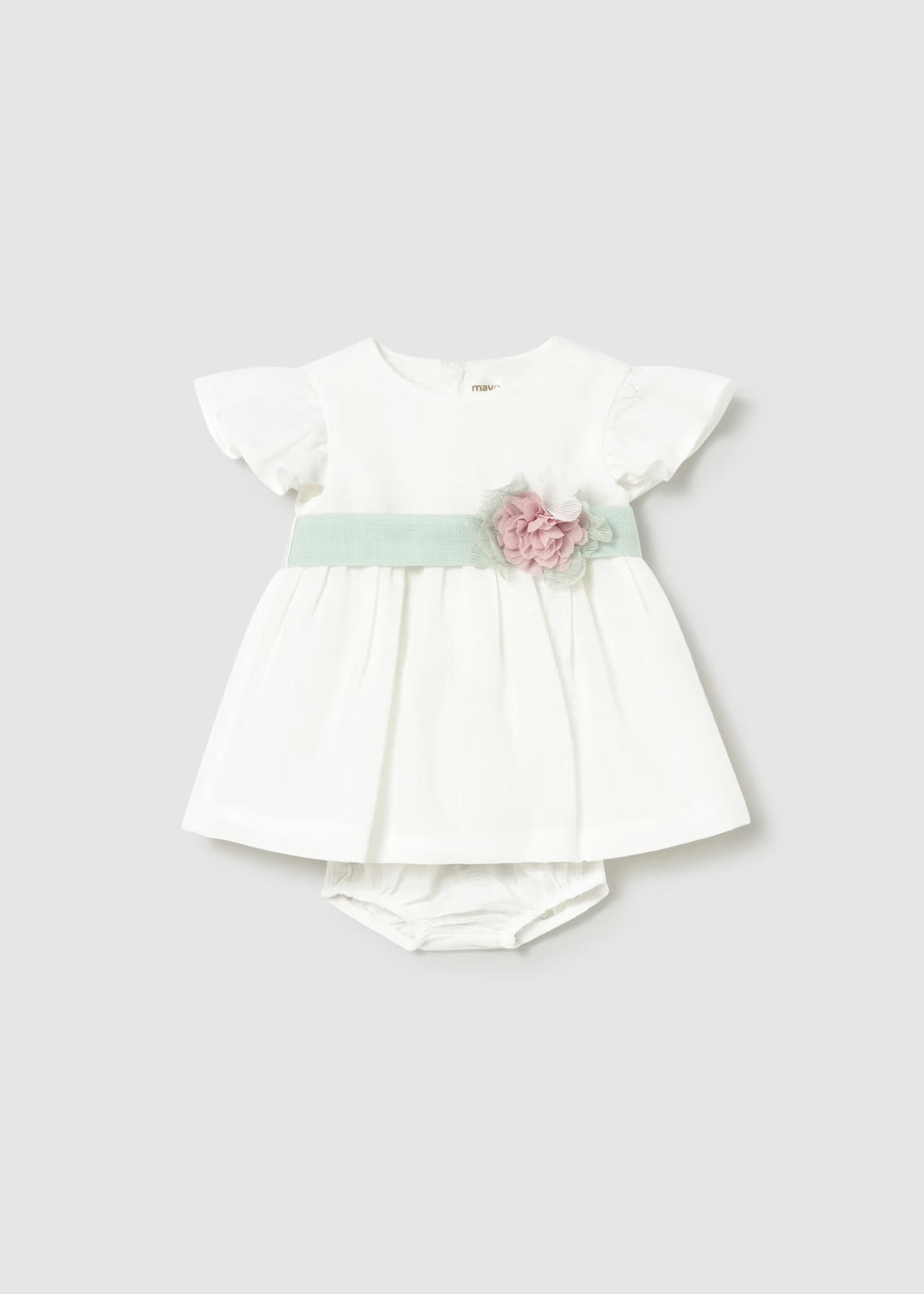 Mayoral Newborn Girl Dress with Floral Sash and Bloomers