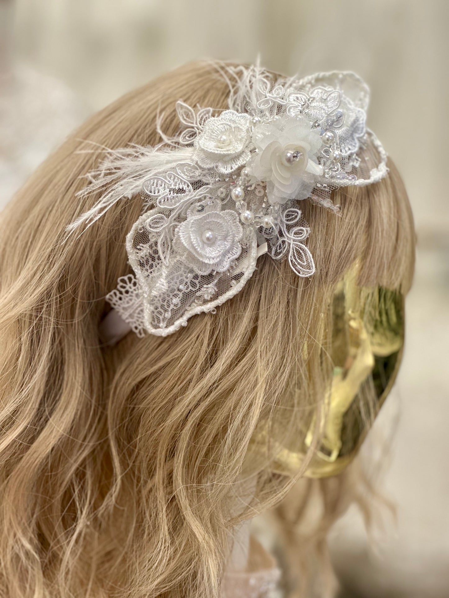 Satin Headband w/Flowers/Feathers