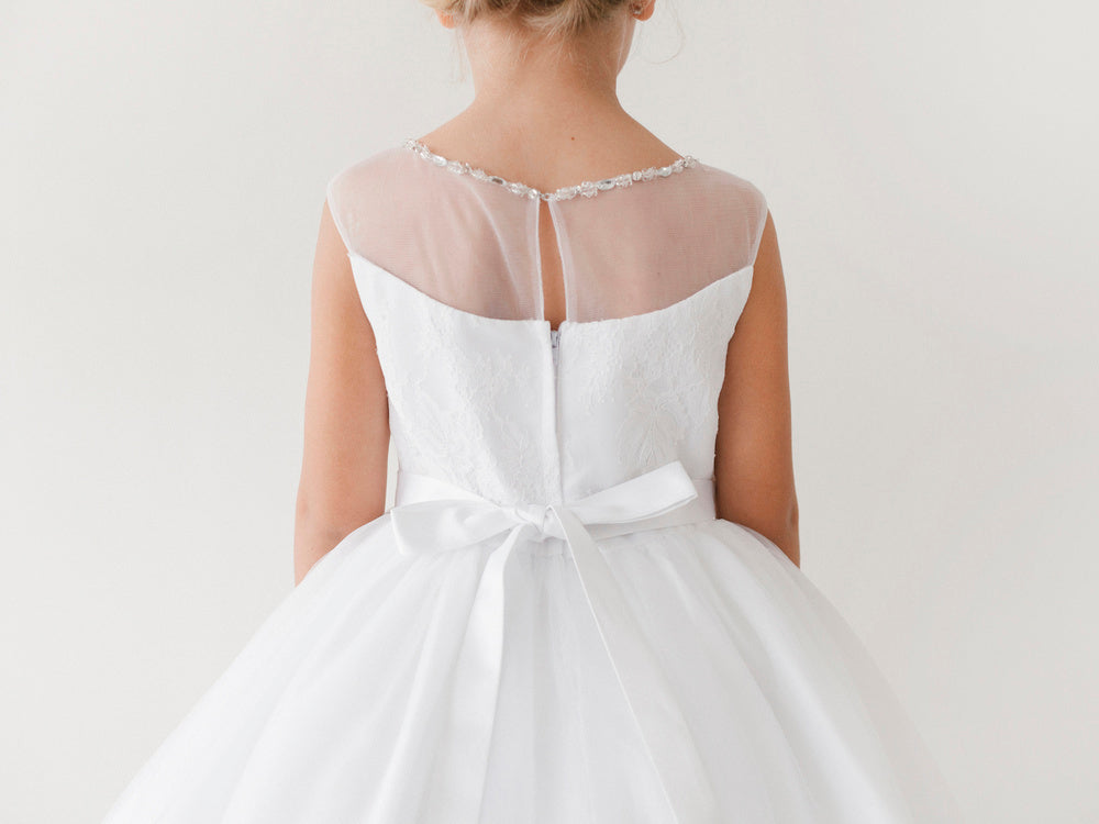 Girls Illusion Beaded Neckline with a Lace Bodice