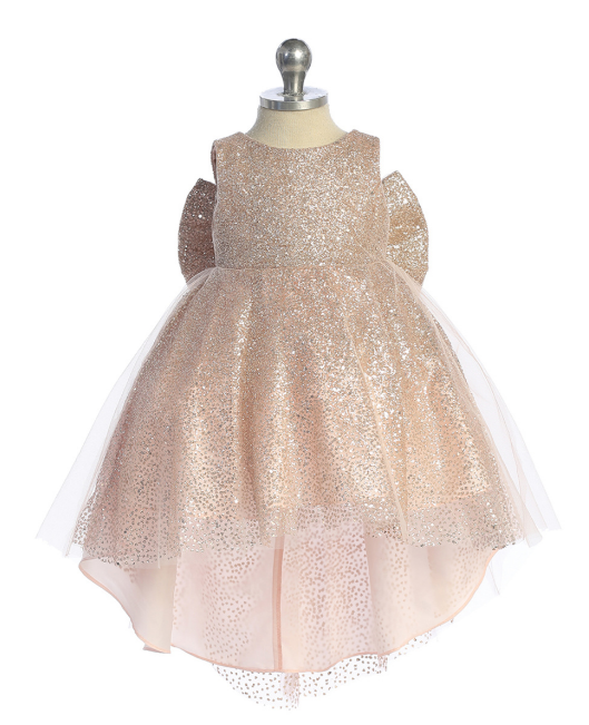 Infant Glitter Ball Gown with Train and Large Bow Accent