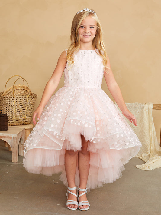 Girls Vertical Beaded Hi Low Dress w/Flowers