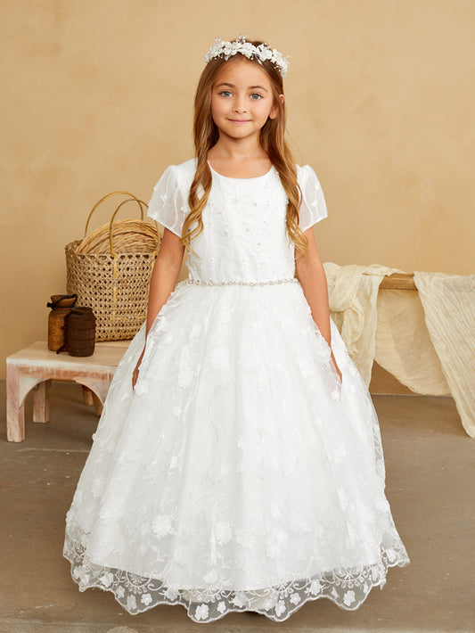 Girls Short sleeve 3D floral overlay dress with a rhinestone sash