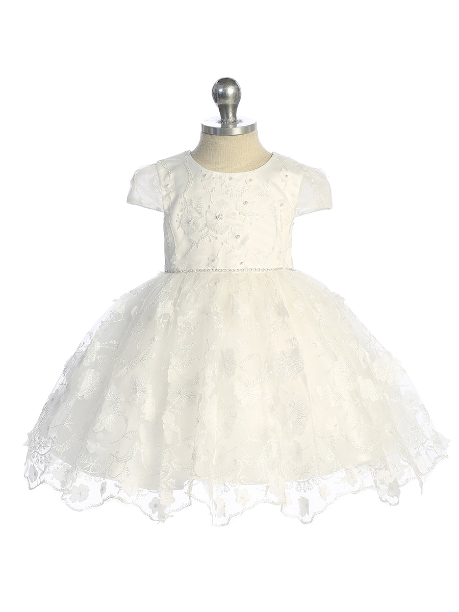 Infant Short sleeve 3D floral overlay dress with a rhinestone sash