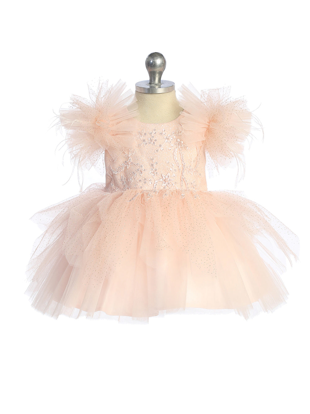 Girls glitter bodice with lace applique and fluffy sleeves with feathers