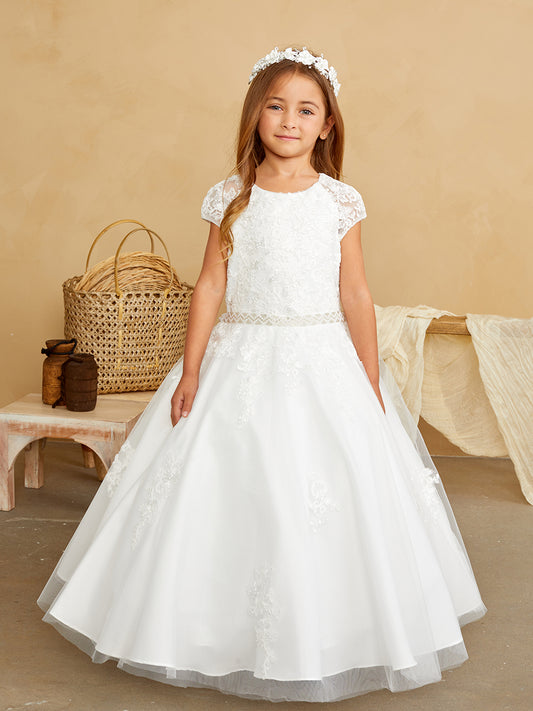 Girls Lace bodice with cap sleeves and sparkling rhinestone waist