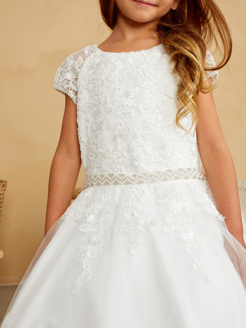 Girls Lace bodice with cap sleeves and sparkling rhinestone waist