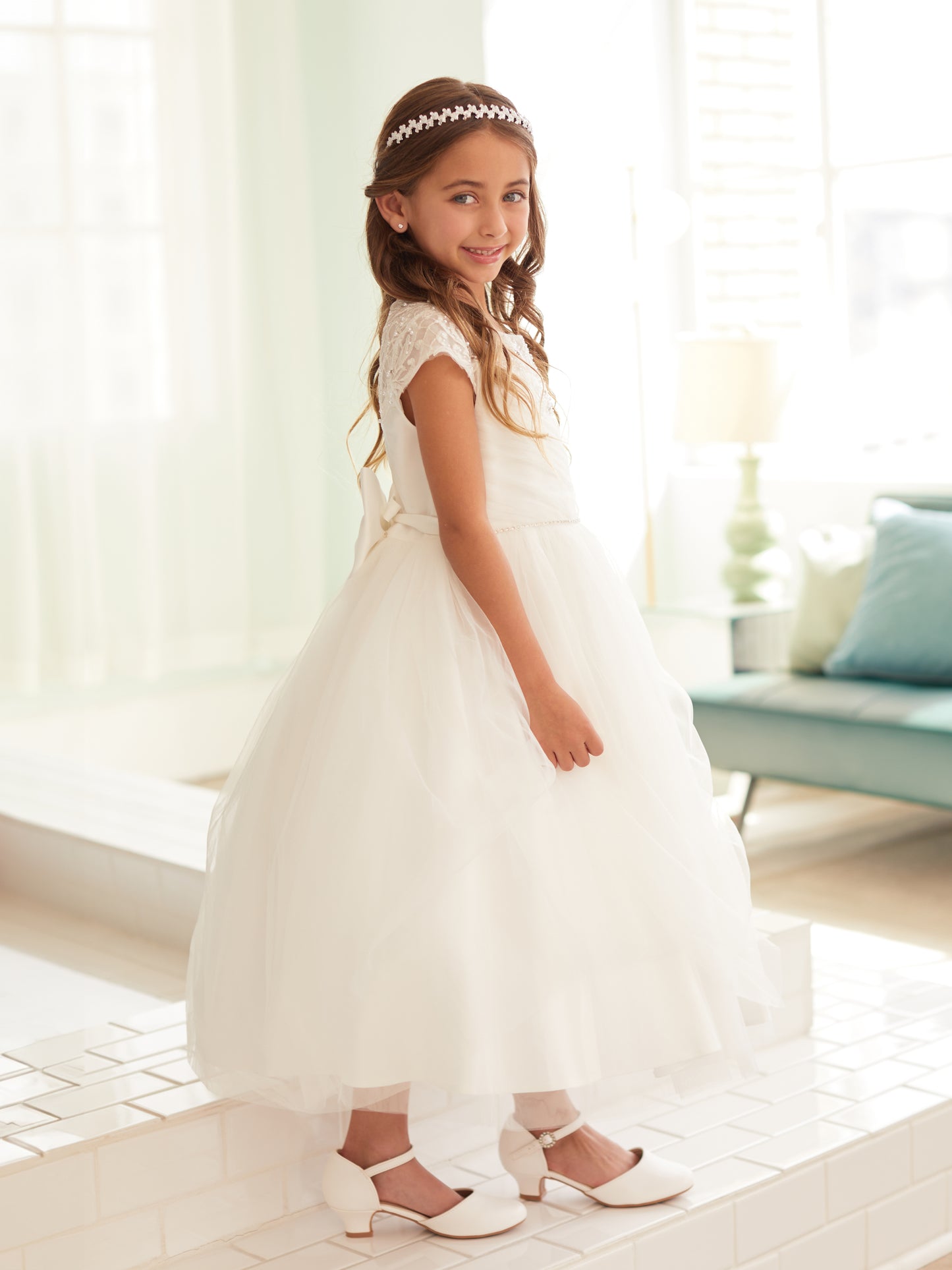 Girls Gorgeous illusion neckline bodice with a asymmetrical ruched bodice