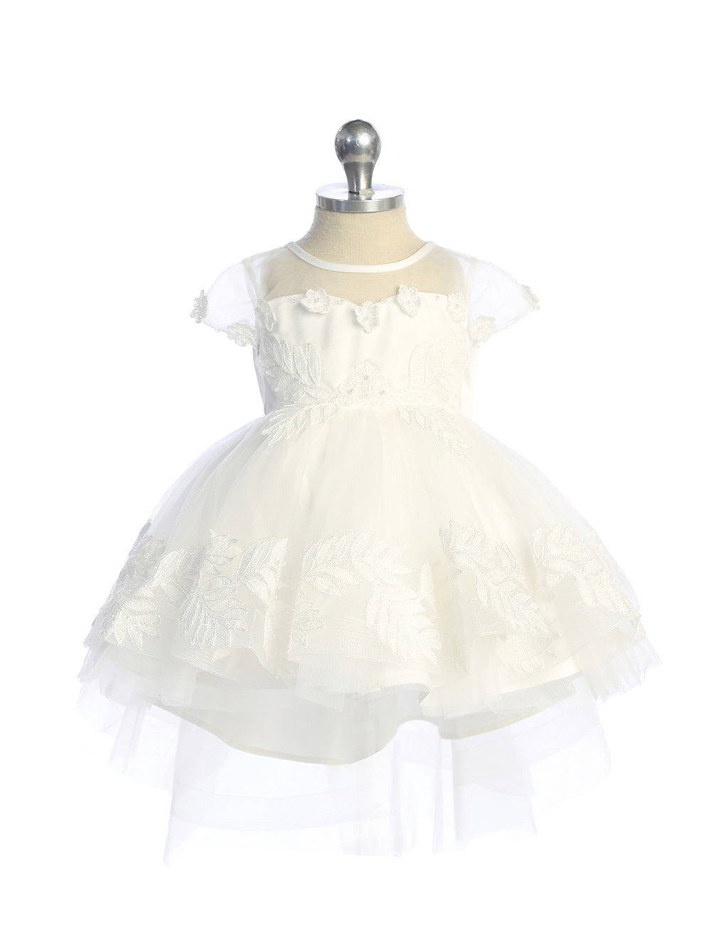 Infant Illusion Neckline and Cap Sleeves with a Lace Applique Bodice