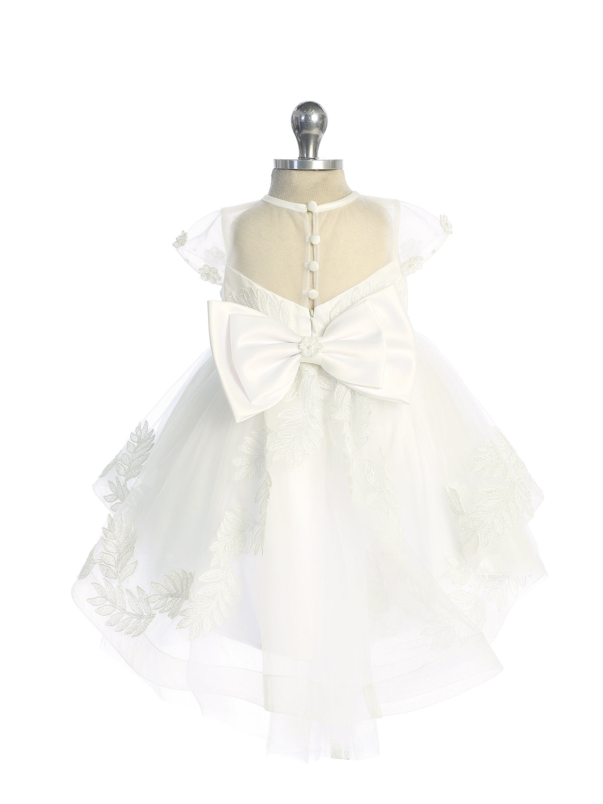 Infant Illusion Neckline and Cap Sleeves with a Lace Applique Bodice
