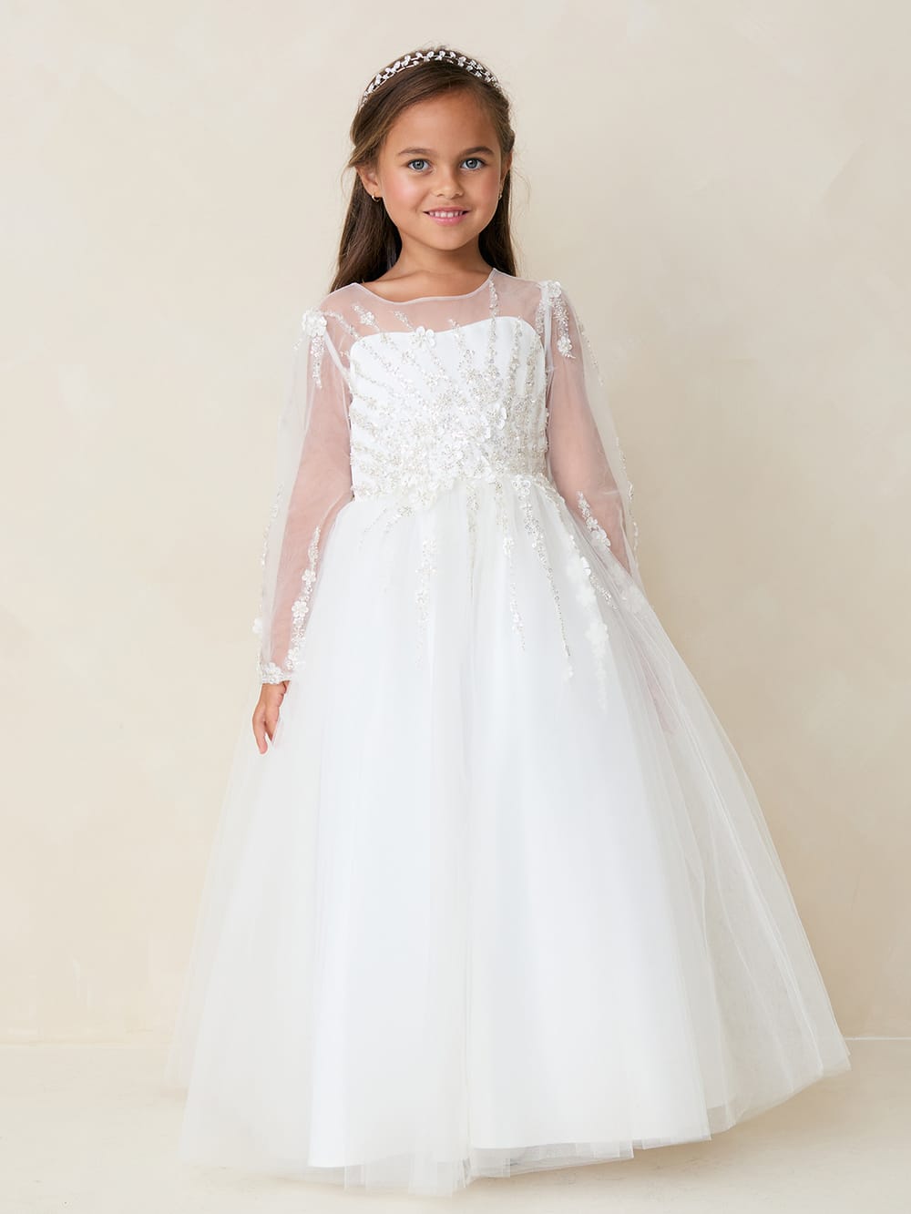 Girls Long Sleeve with Beading on Bodice and Sleeve with Full Length Tulle Skirt