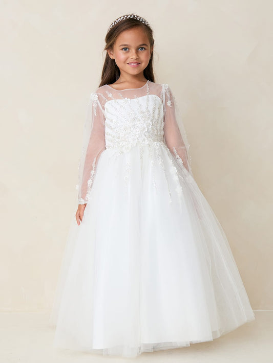 Girls Long Sleeve with Beading on Bodice and Sleeve with Full Length Tulle Skirt