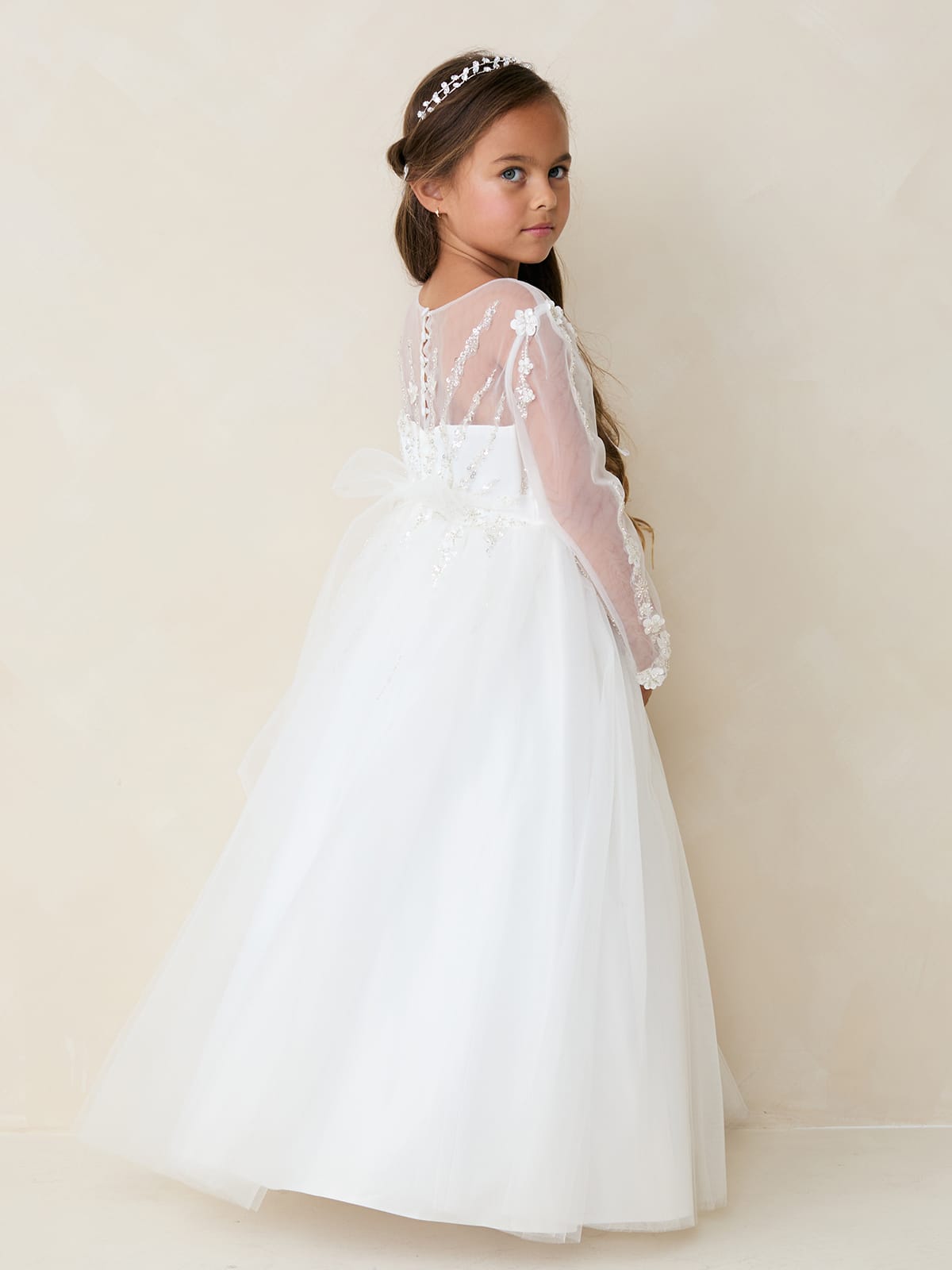 Girls Long Sleeve with Beading on Bodice and Sleeve with Full Length Tulle Skirt