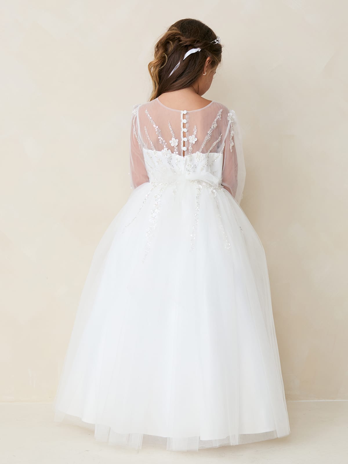 Girls Long Sleeve with Beading on Bodice and Sleeve with Full Length Tulle Skirt