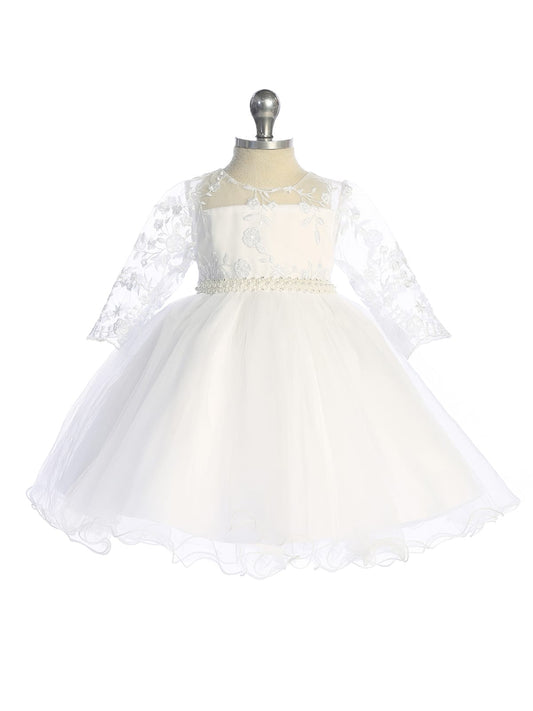 Infant 3/4 Sleeve Lace Bodice Dress with Tulle Skirt with Fish Wire Hem