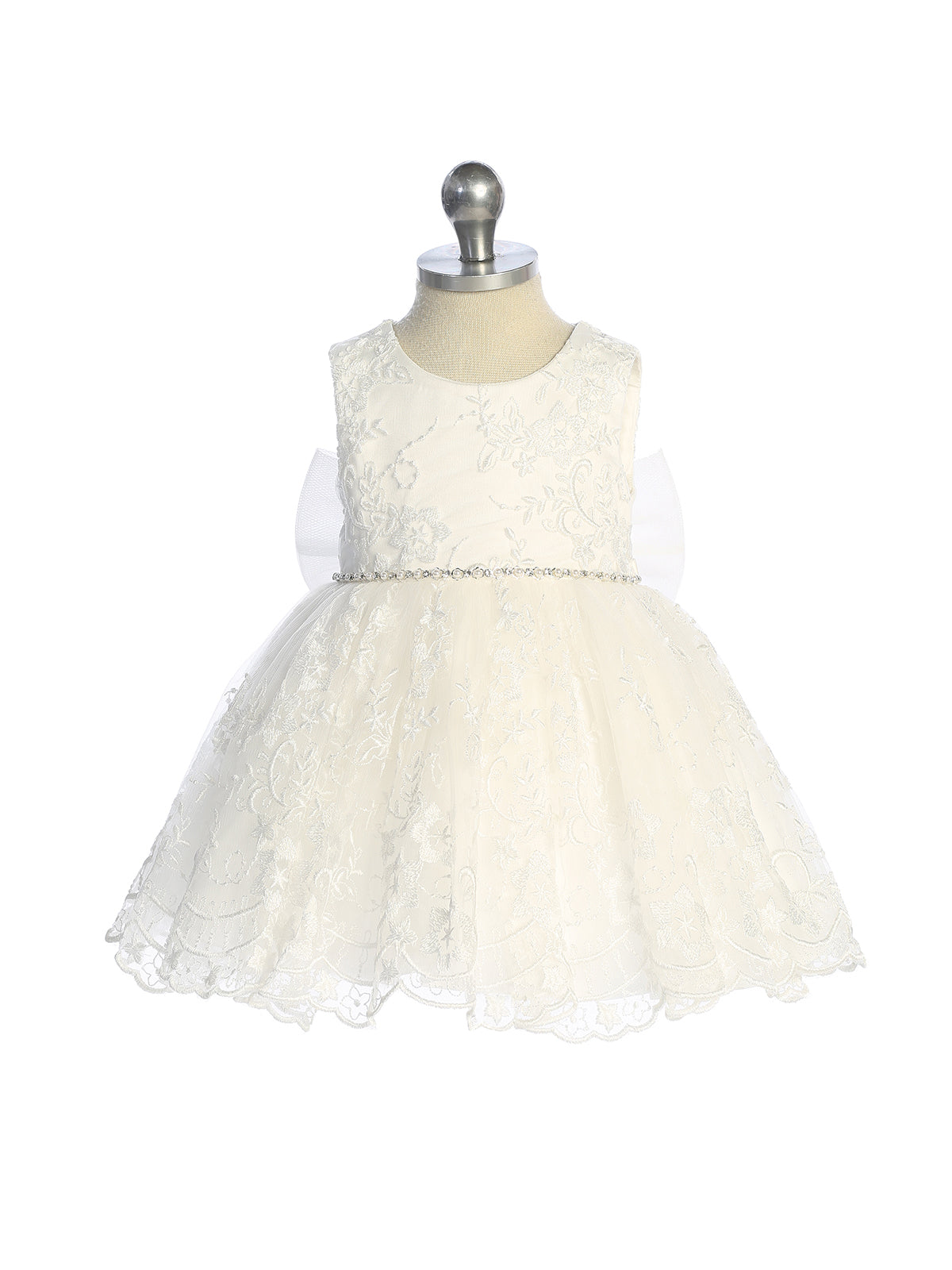 Infant Girl Full Lace Bodice and Skirt Rhinestone and Pearl Waist Accent Dress