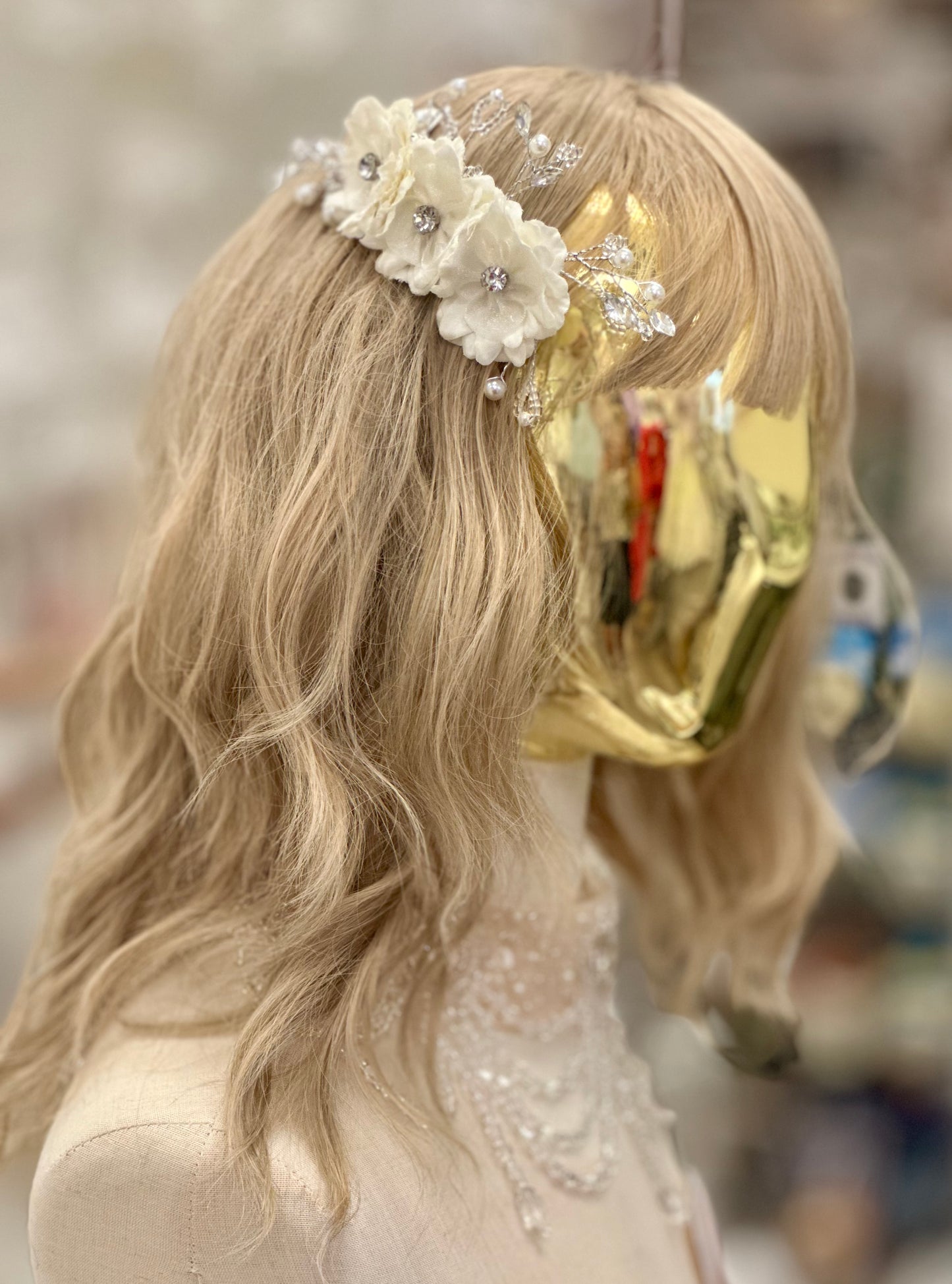 Three Flower Hair Comb with Beading and Rhinestones