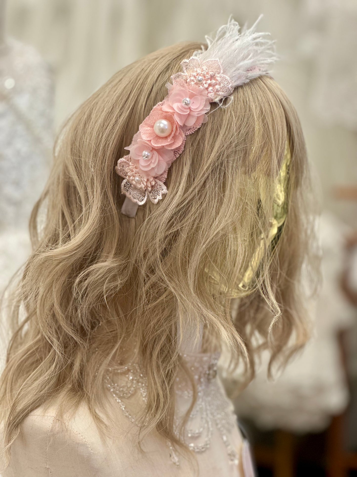 Satin Headband w/Flowers/Feathers