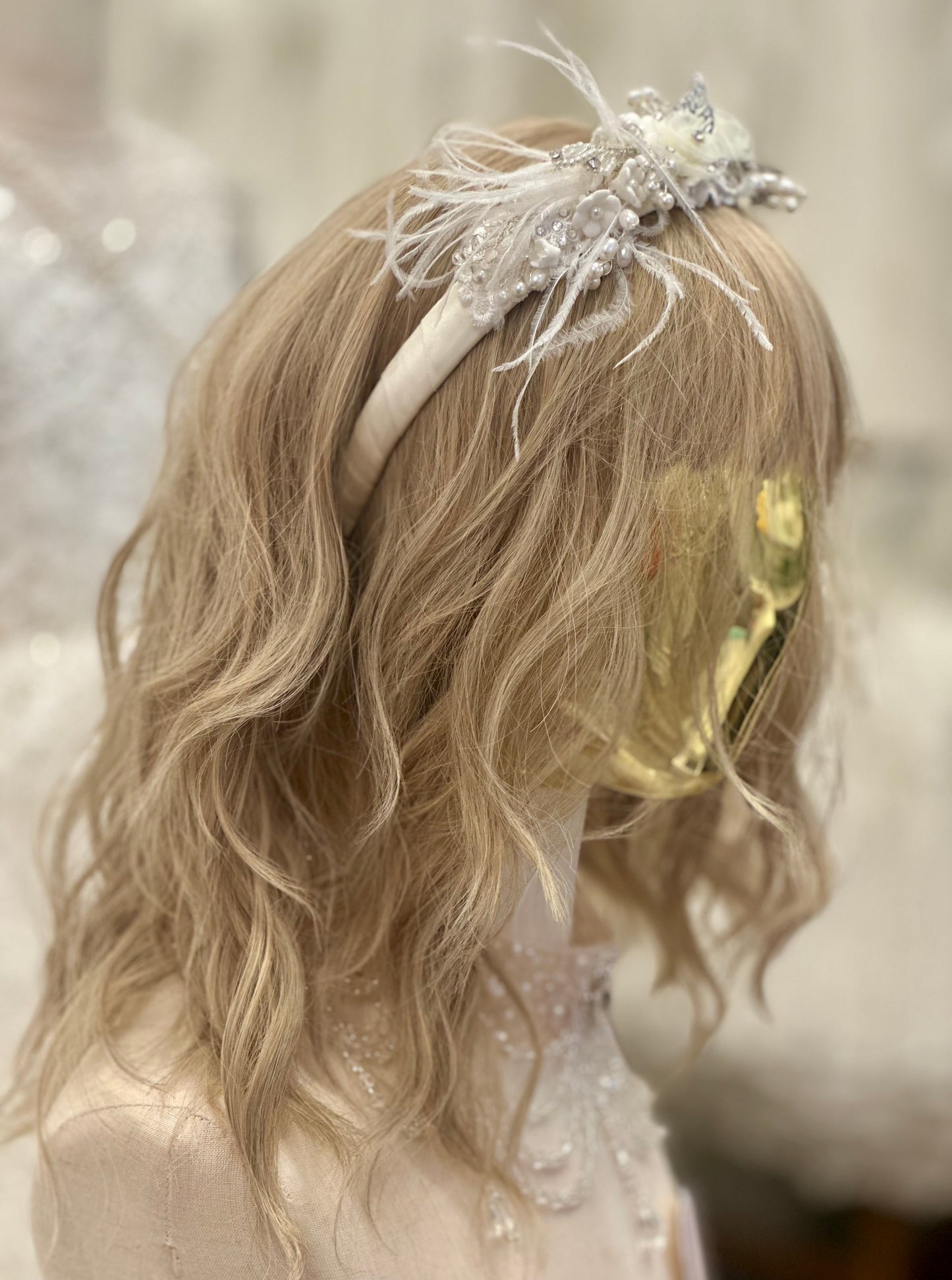 Ivory Headband w/Flowers/Feathers/Applique