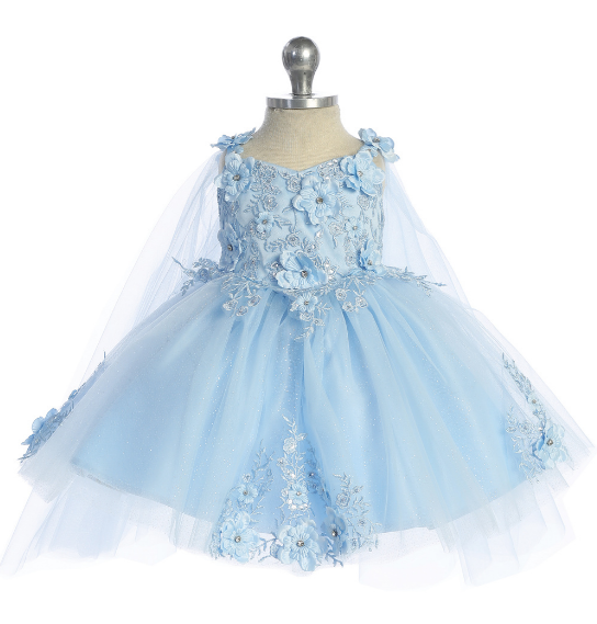Infant Gorgeous 3D Floral Bodice with Glitter Tulle Skirt and Detachable Cape
