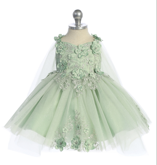 Infant Gorgeous 3D Floral Bodice with Glitter Tulle Skirt and Detachable Cape