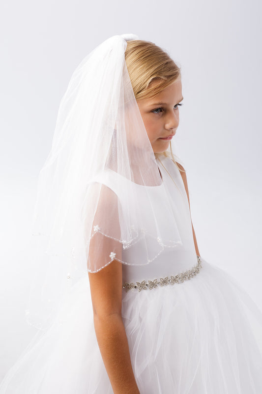 Girls Veil with Beaded Scallop Edge with Sequin Flowers.