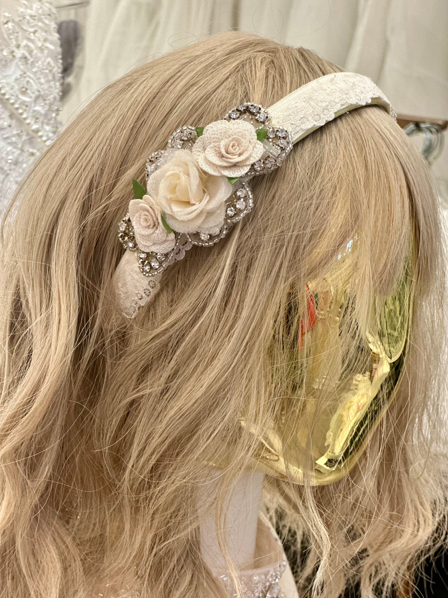 Ivory Headband w/Flowers/Rhinestone Applique