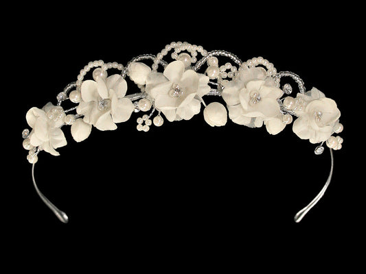 Satin flower with pearls & rhinestones Headpiece