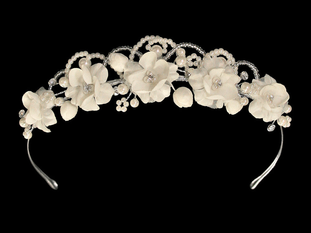 Ivory Satin Floral Headpiece w/Pearls