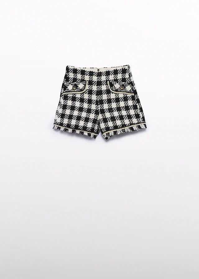 Abel & Lula Girl Chiffon Blouse with Embroidered Collar, Hound Tooth Shorts