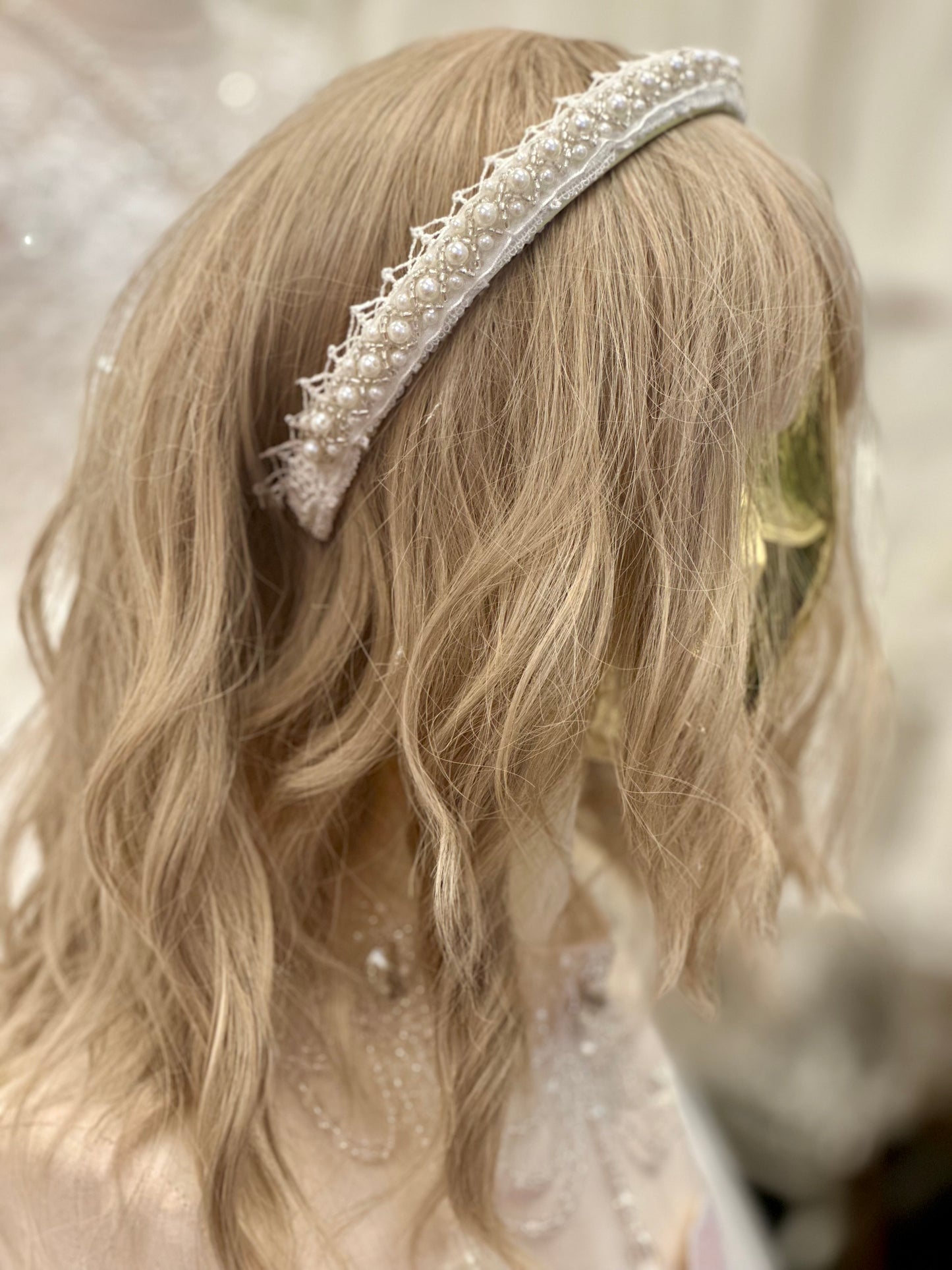 Ivory Headband w/Lace/Pearls