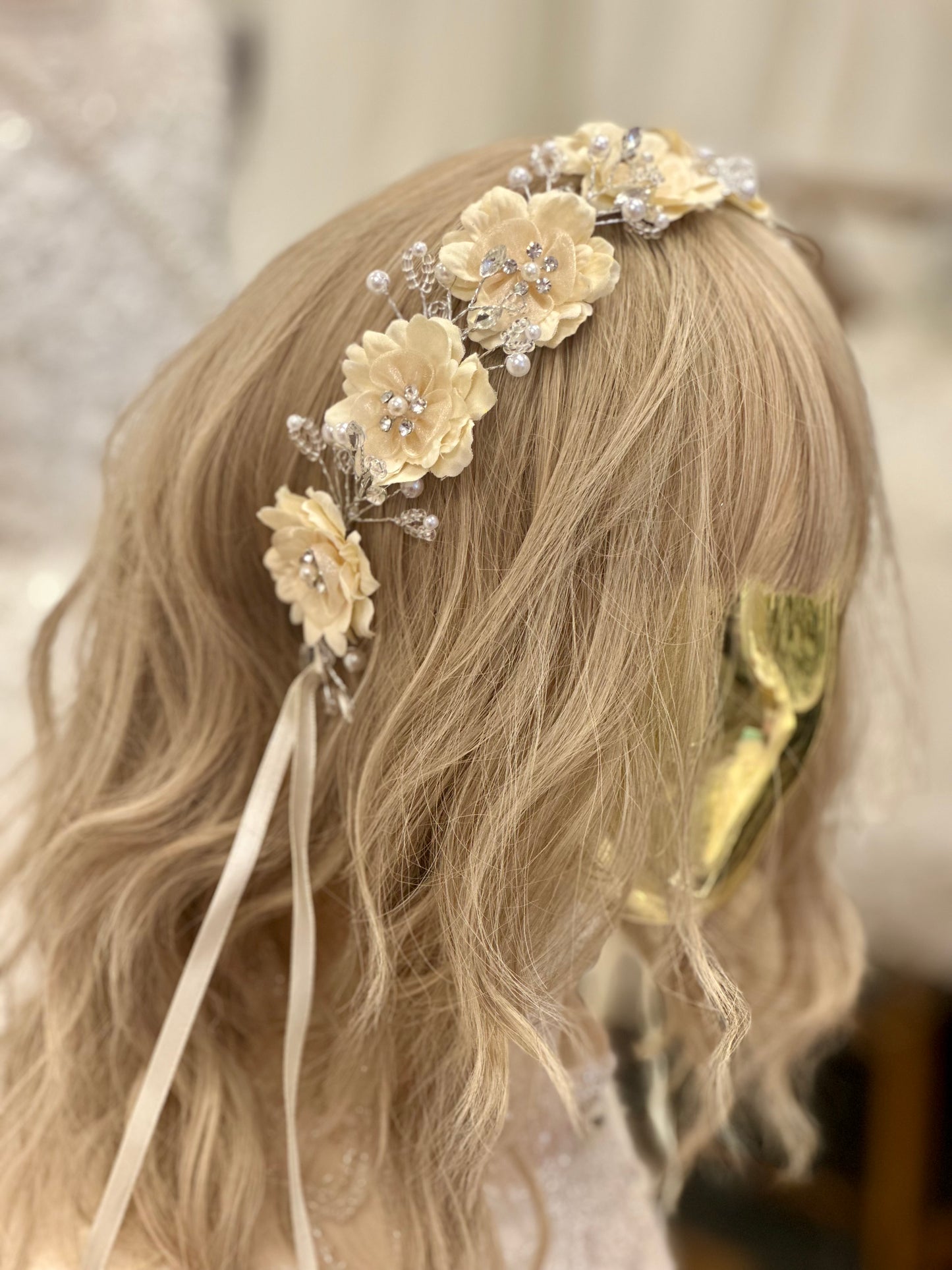 Silk Flower Headband with Rhinestones and Pearls