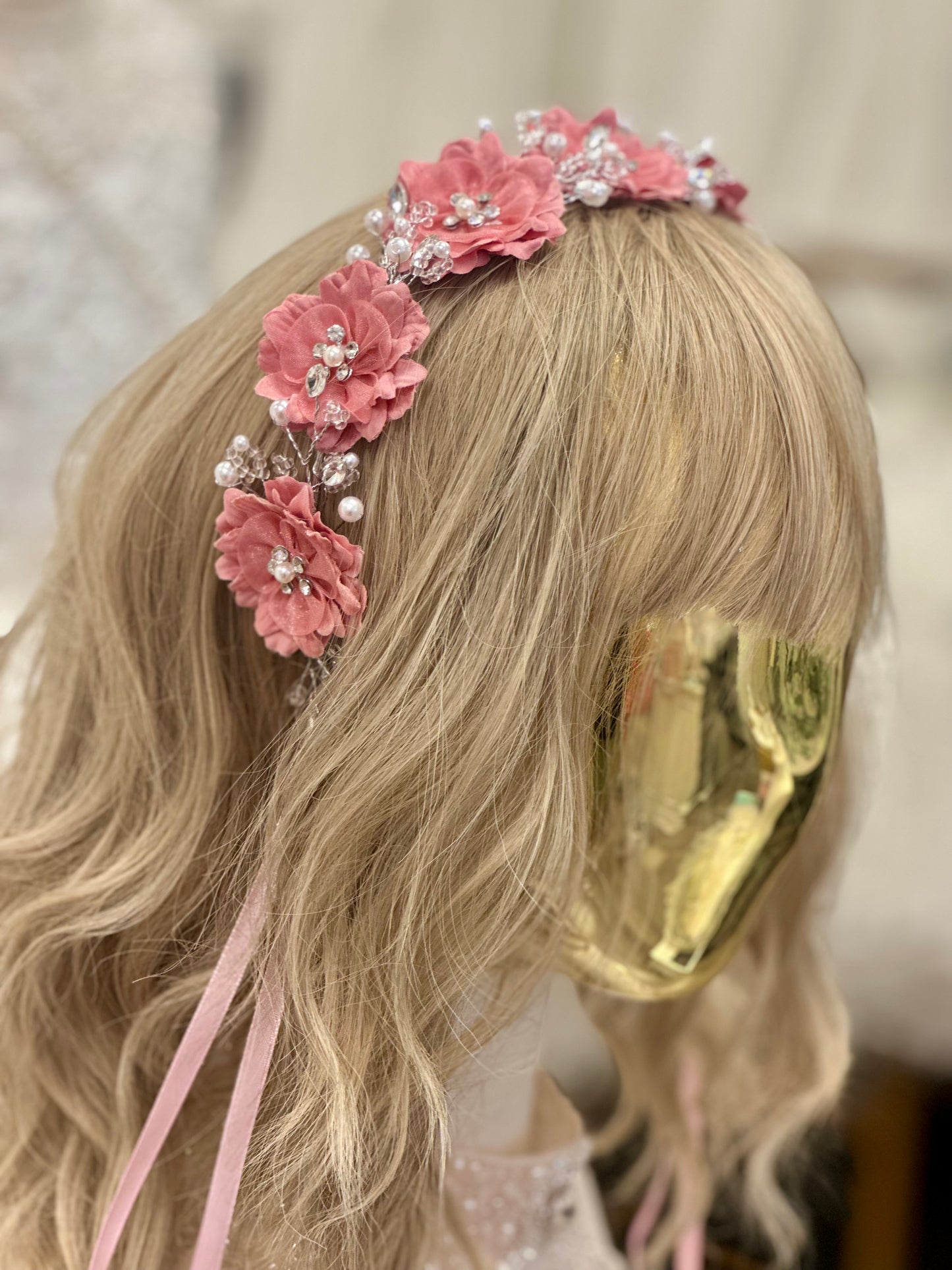 Silk Flower Headband with Rhinestones and Pearls