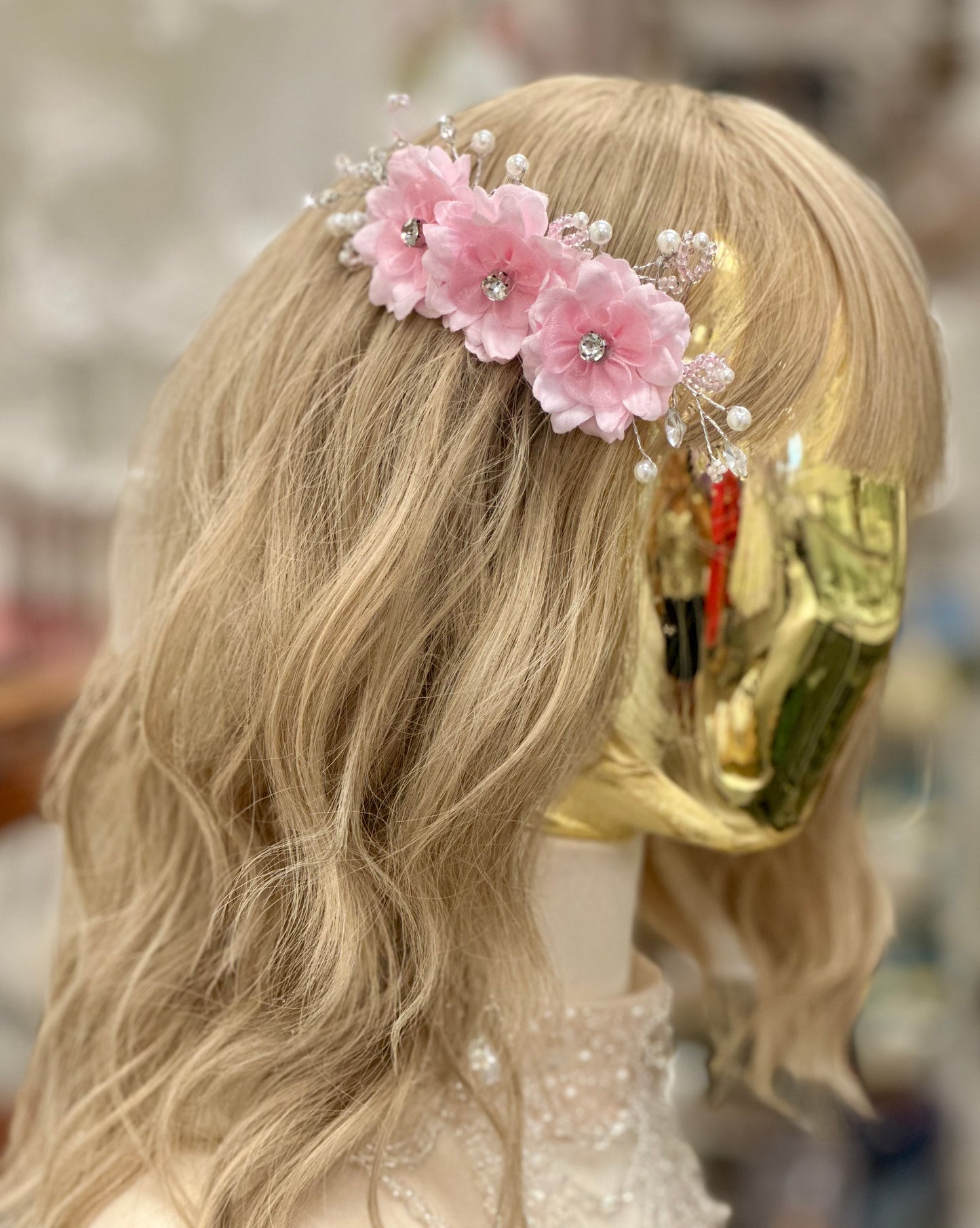 Three Flower Hair Comb with Beading and Rhinestones
