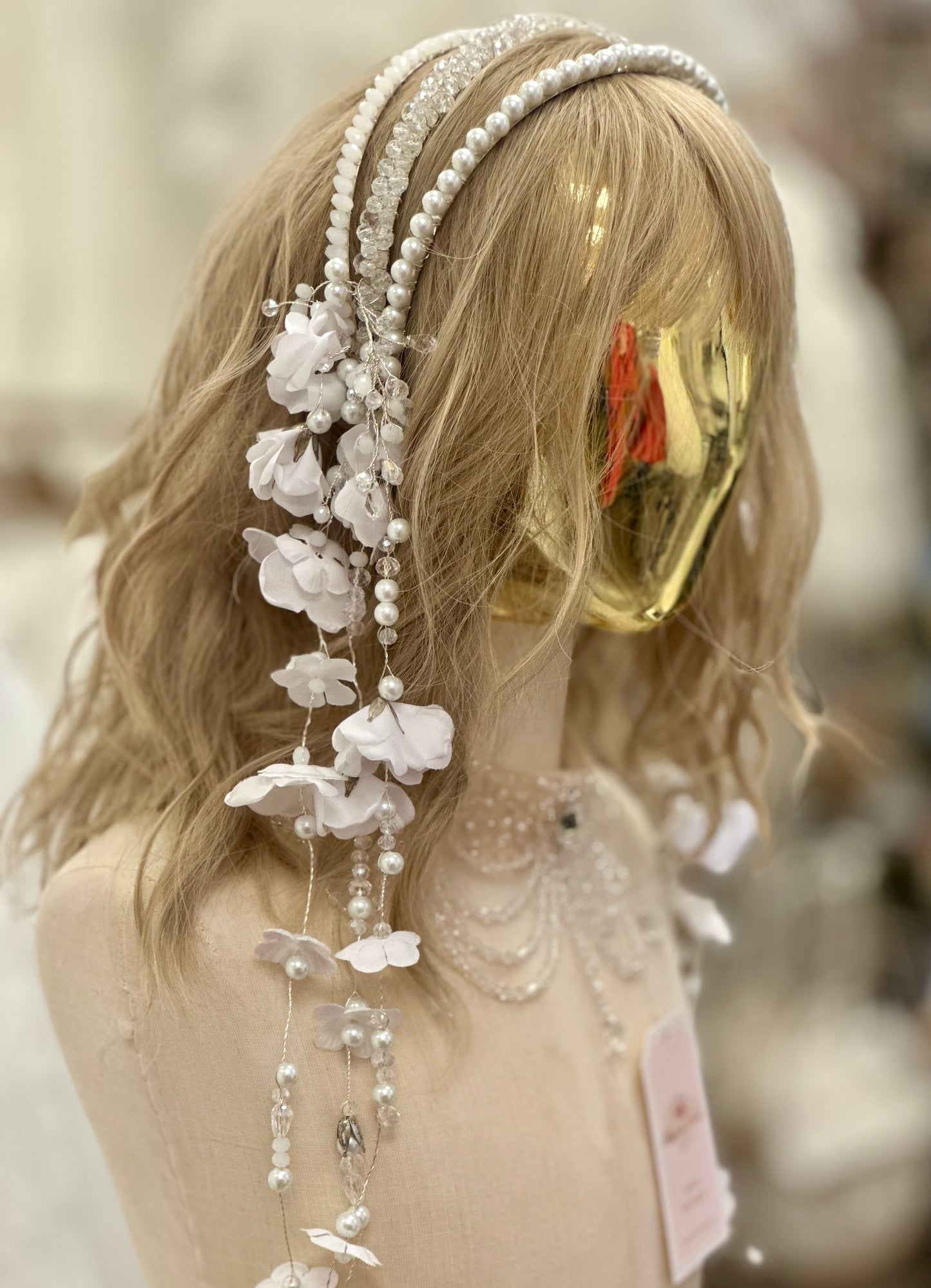AB Beaded Hairband w/Falling Flowers, Pearls